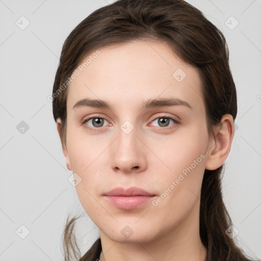 Neutral white young-adult female with long  brown hair and grey eyes