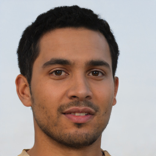 Neutral latino young-adult male with short  brown hair and brown eyes