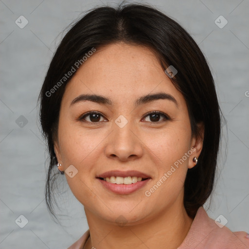 Joyful asian young-adult female with medium  brown hair and brown eyes