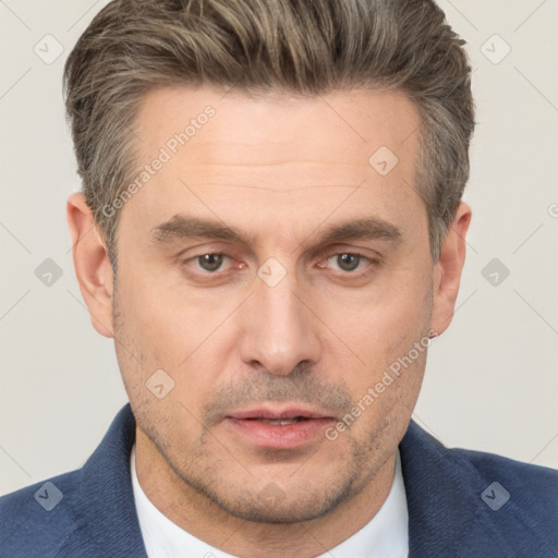 Neutral white adult male with short  brown hair and brown eyes