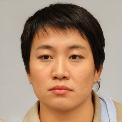 Neutral asian young-adult female with medium  brown hair and brown eyes