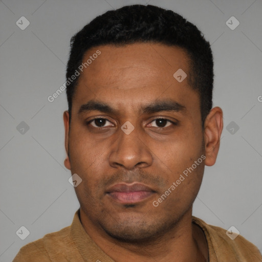 Neutral latino young-adult male with short  black hair and brown eyes