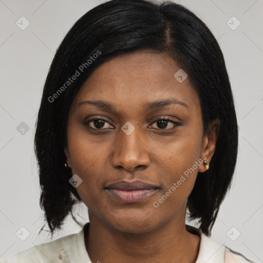Joyful black young-adult female with medium  black hair and brown eyes