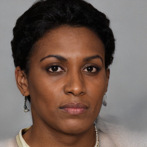 Neutral black young-adult female with short  black hair and brown eyes