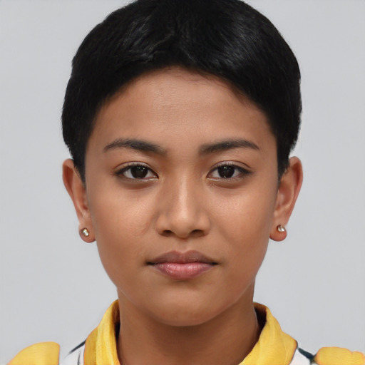 Neutral asian young-adult female with short  black hair and brown eyes