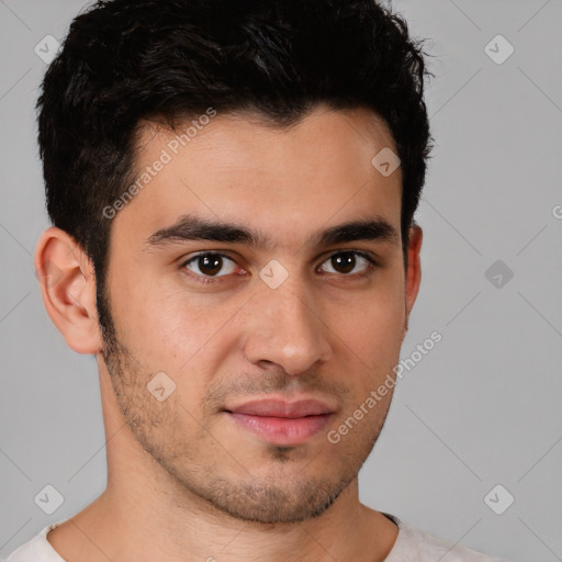 Neutral white young-adult male with short  brown hair and brown eyes