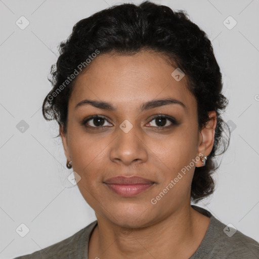 Joyful latino young-adult female with short  black hair and brown eyes