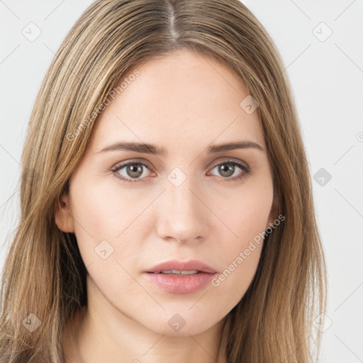 Neutral white young-adult female with long  brown hair and brown eyes