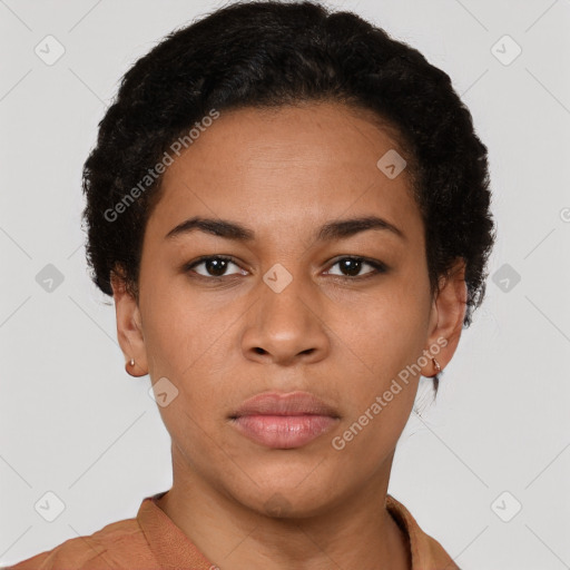 Neutral latino young-adult female with short  brown hair and brown eyes