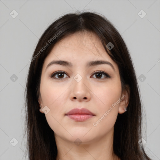 Neutral white young-adult female with long  brown hair and brown eyes