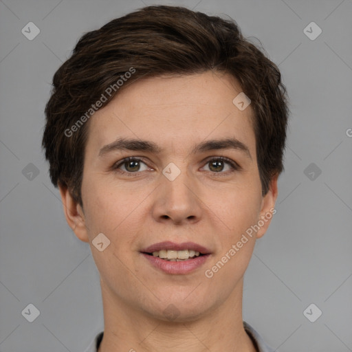 Joyful white young-adult female with short  brown hair and brown eyes