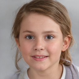 Joyful white child female with medium  brown hair and blue eyes