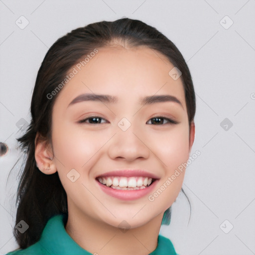 Joyful white young-adult female with medium  black hair and brown eyes