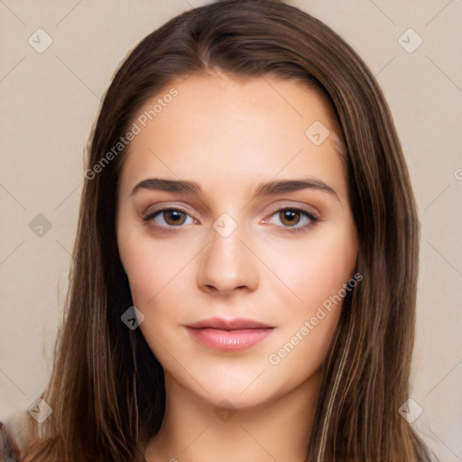 Neutral white young-adult female with long  brown hair and brown eyes