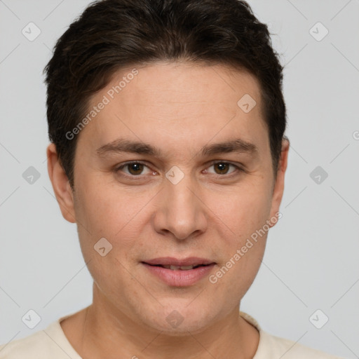 Joyful white young-adult male with short  brown hair and brown eyes