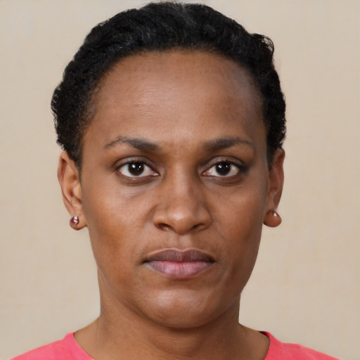 Neutral black young-adult female with short  brown hair and brown eyes
