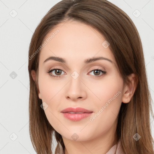 Neutral white young-adult female with long  brown hair and brown eyes