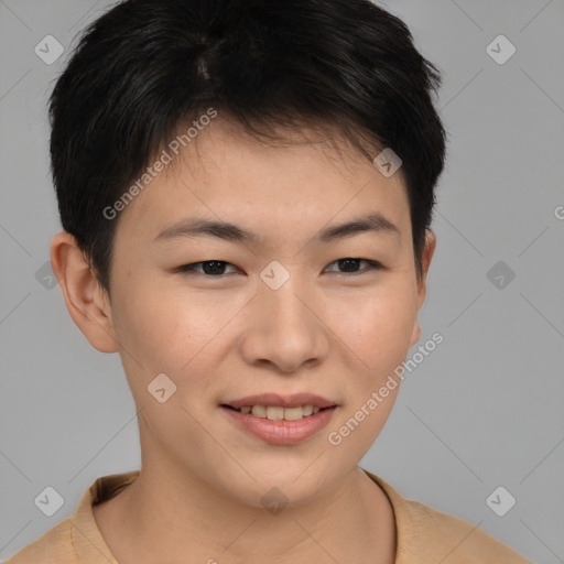 Joyful asian young-adult female with short  brown hair and brown eyes