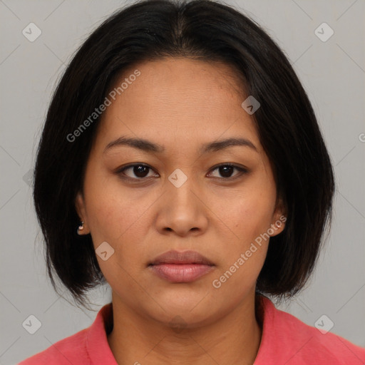 Neutral asian young-adult female with medium  brown hair and brown eyes