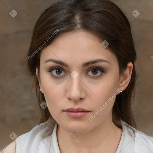 Neutral white young-adult female with medium  brown hair and brown eyes