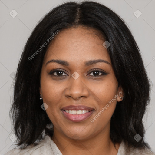 Joyful black young-adult female with medium  black hair and brown eyes