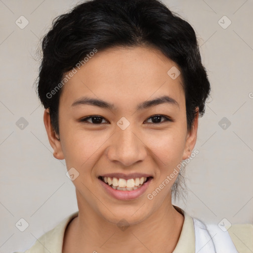Joyful latino young-adult female with short  brown hair and brown eyes