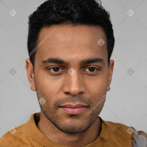 Neutral latino young-adult male with short  black hair and brown eyes