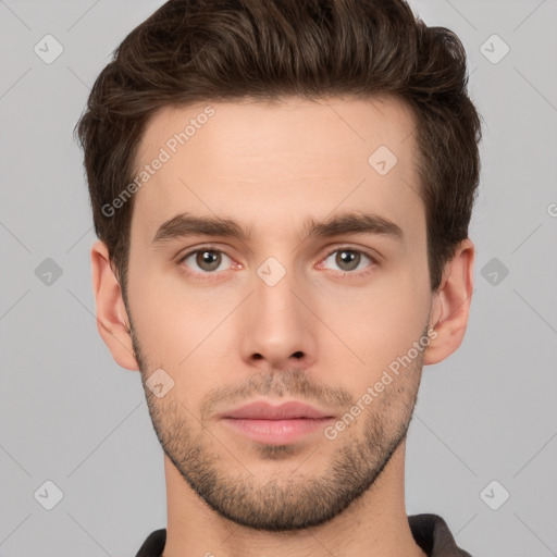 Neutral white young-adult male with short  brown hair and brown eyes