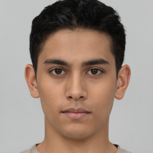 Neutral asian young-adult male with short  brown hair and brown eyes