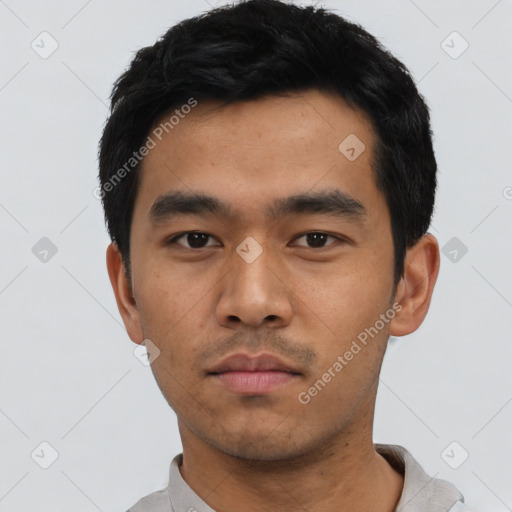 Neutral asian young-adult male with short  black hair and brown eyes