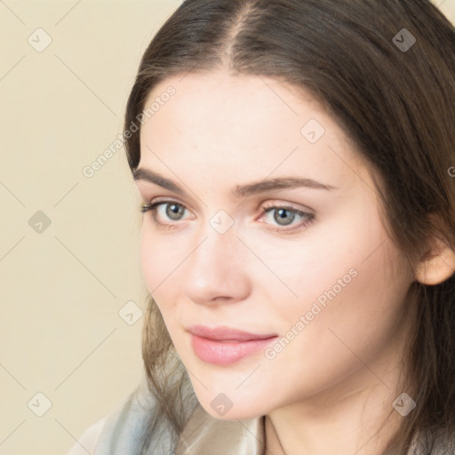 Neutral white young-adult female with long  brown hair and brown eyes