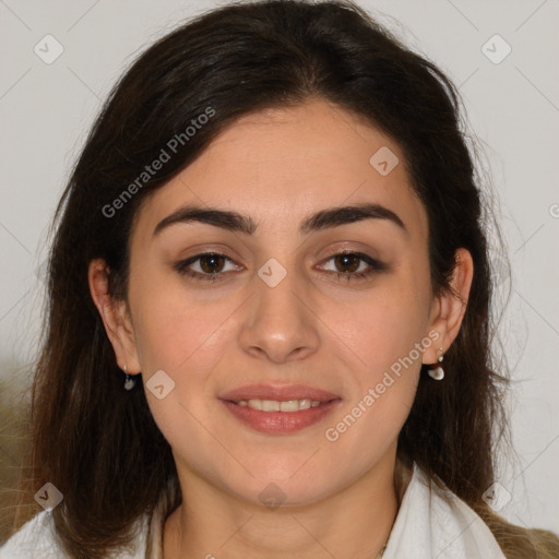 Joyful white young-adult female with medium  brown hair and brown eyes