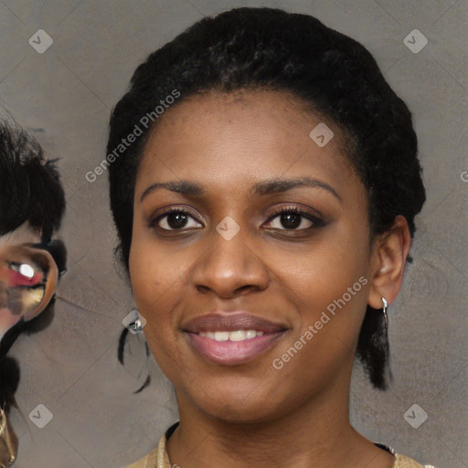 Joyful latino young-adult female with medium  black hair and brown eyes