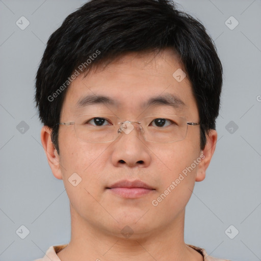 Neutral asian young-adult male with short  brown hair and brown eyes