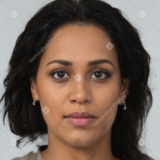 Joyful latino young-adult female with long  brown hair and brown eyes