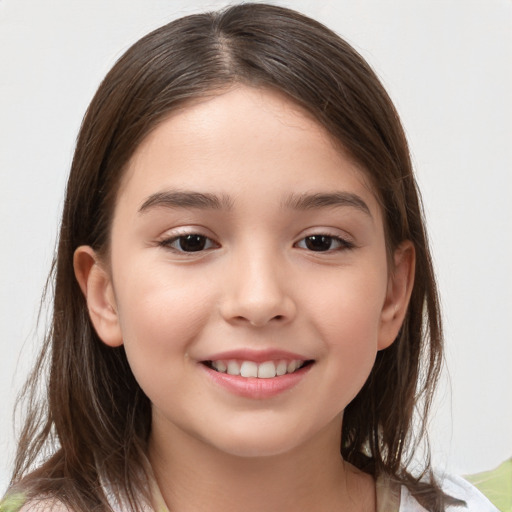 Joyful white child female with medium  brown hair and brown eyes