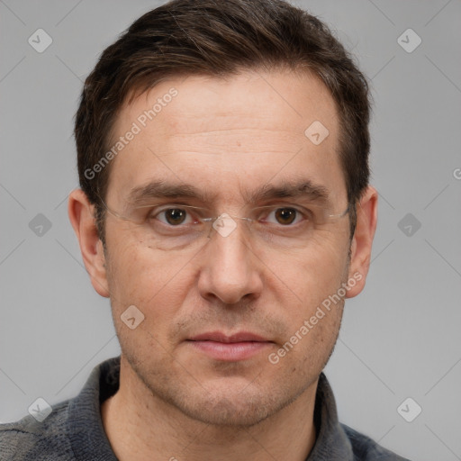 Joyful white adult male with short  brown hair and grey eyes