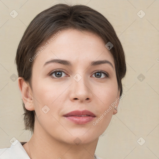 Neutral white young-adult female with short  brown hair and brown eyes