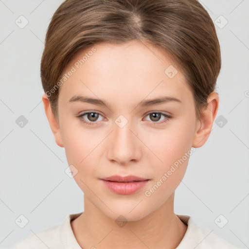 Neutral white young-adult female with short  brown hair and brown eyes