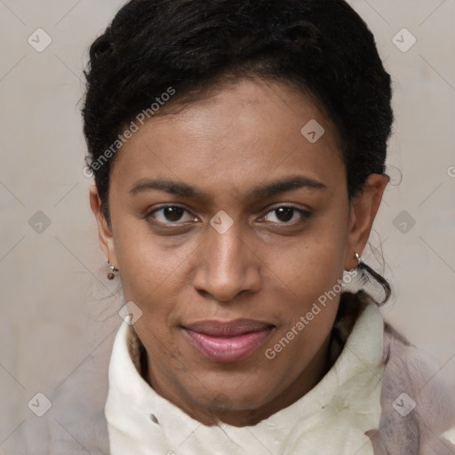 Joyful latino young-adult female with short  brown hair and brown eyes