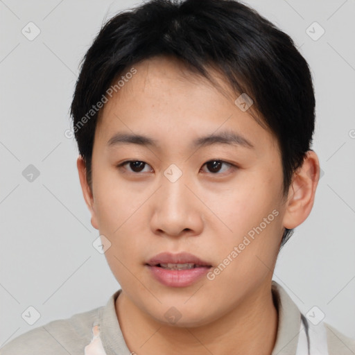 Neutral asian young-adult female with short  brown hair and brown eyes