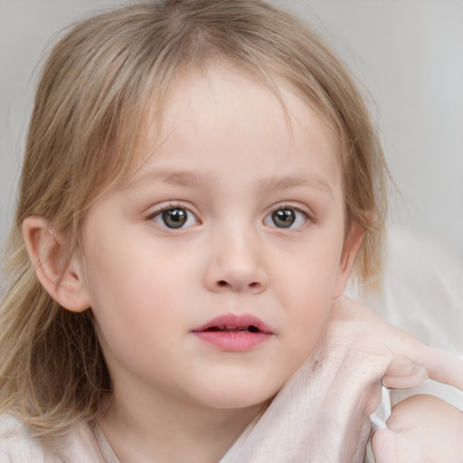 Neutral white child female with medium  brown hair and blue eyes