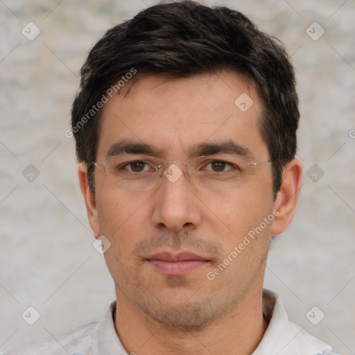 Neutral white adult male with short  black hair and brown eyes