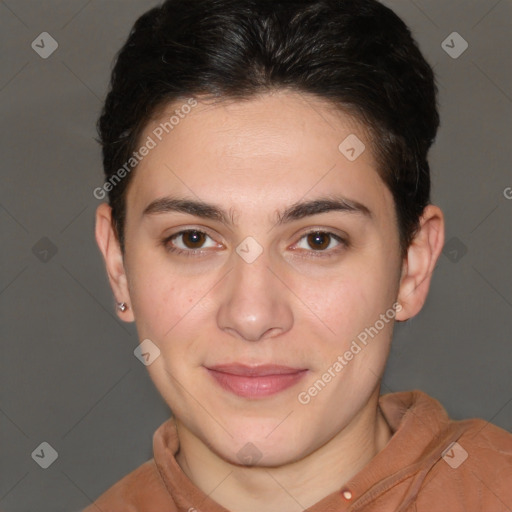 Joyful white young-adult female with short  brown hair and brown eyes