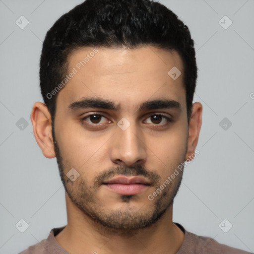 Neutral latino young-adult male with short  black hair and brown eyes