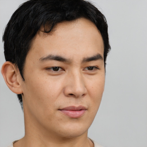 Neutral asian young-adult male with short  brown hair and brown eyes