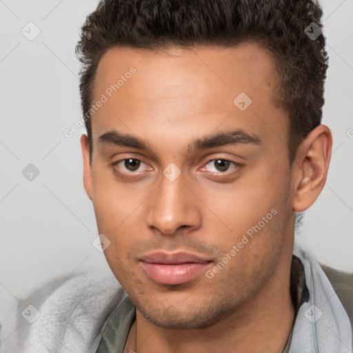 Neutral white young-adult male with short  brown hair and brown eyes