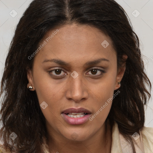 Joyful white young-adult female with long  brown hair and brown eyes