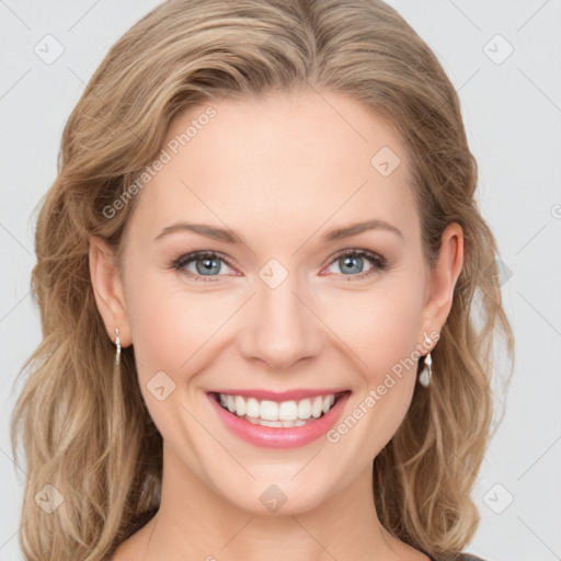 Joyful white young-adult female with medium  brown hair and blue eyes