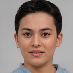 Joyful asian young-adult female with short  brown hair and brown eyes